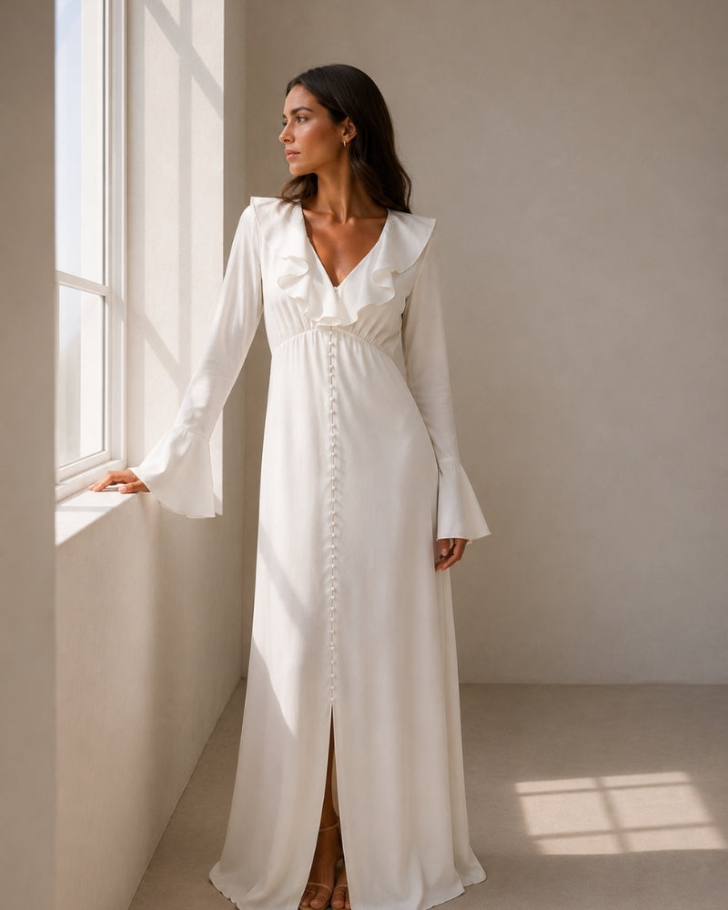 Vestido midi con volantes y botones de perla