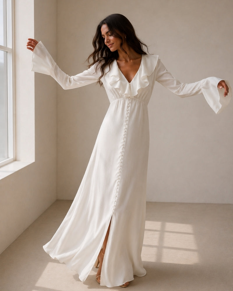 Vestido midi con volantes y botones de perla